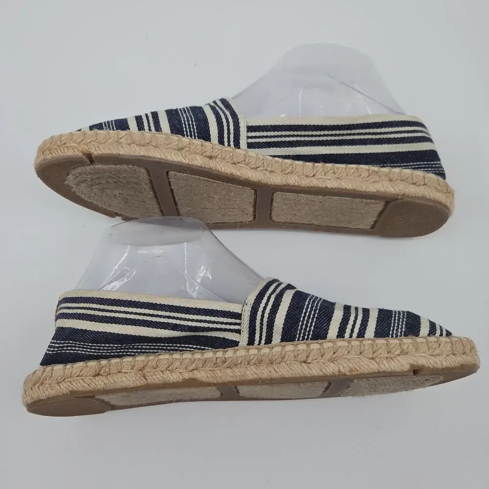 Tory Burch Espadrille Flats 9 Navy White Stripe Canvas Slip On Coastal Preppy